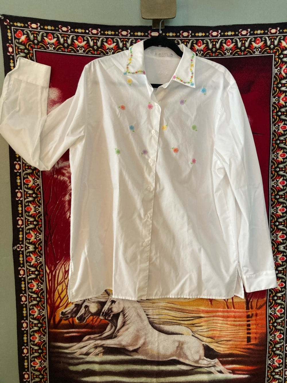 vintage Foxcroft white button down shirt with bright floral embroidery